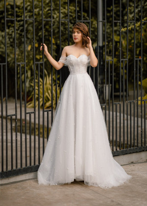 Off Shoulder Ivory Pearl Beaded Tulle Wedding Dress